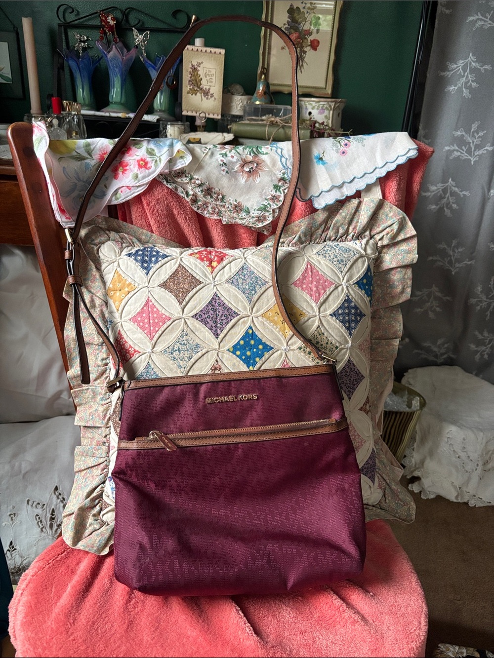 Michael Kors Maroon Crossbody with Tan Strap